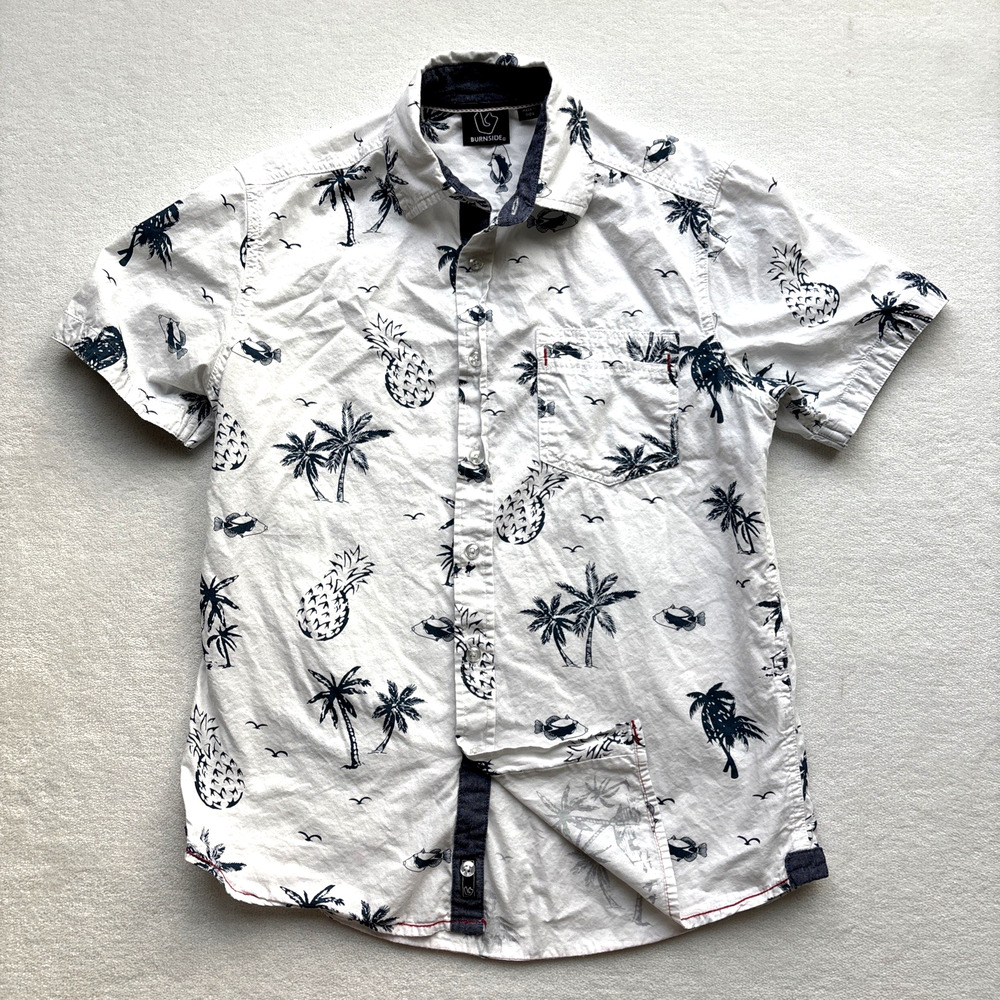 Burnside Men Hawaiian Shirt Medium Short Sleeve Palm Tree Pineaple Fish